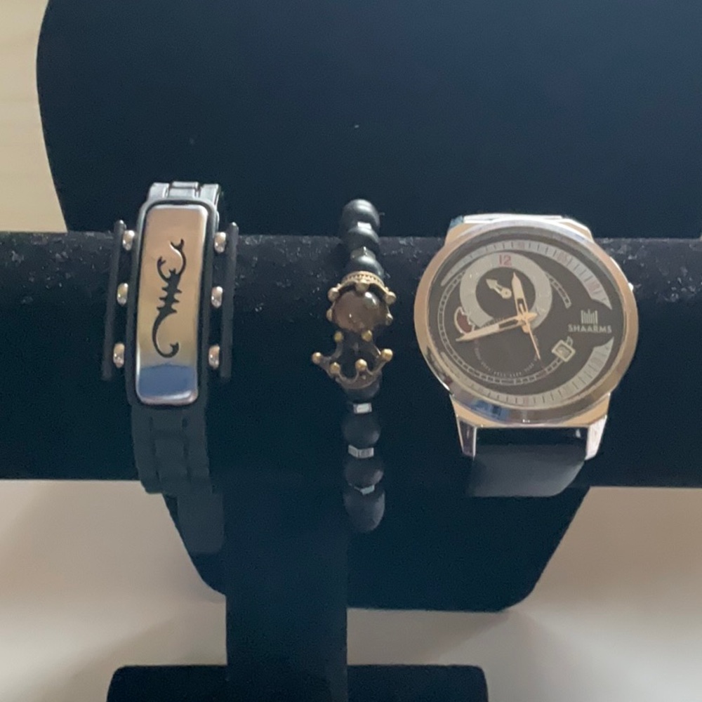 Black and Silver Watch Set with Bracelet